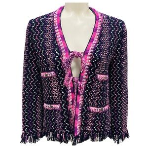 CHANEL NAVY / PINK FRINGED TWEED KNIT COLLARLESS JACKET